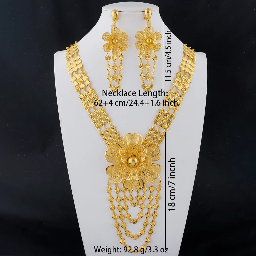 Neues indisches Goldfarbenes langes Halsketten-Set Nigerianische Party Braut Hochzeit Luxus Dubai Ohrringe Schmuck Damen Valentinstagsgeschenk