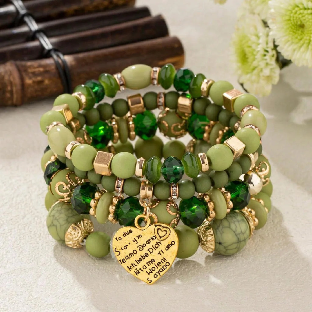 4-teiliges Set Boho Ethno Herz Perlenarmband Set für Damen Handgemachte Kristallperlenkette Armreif Weiblicher Böhmischer Schmuck Geschenk
