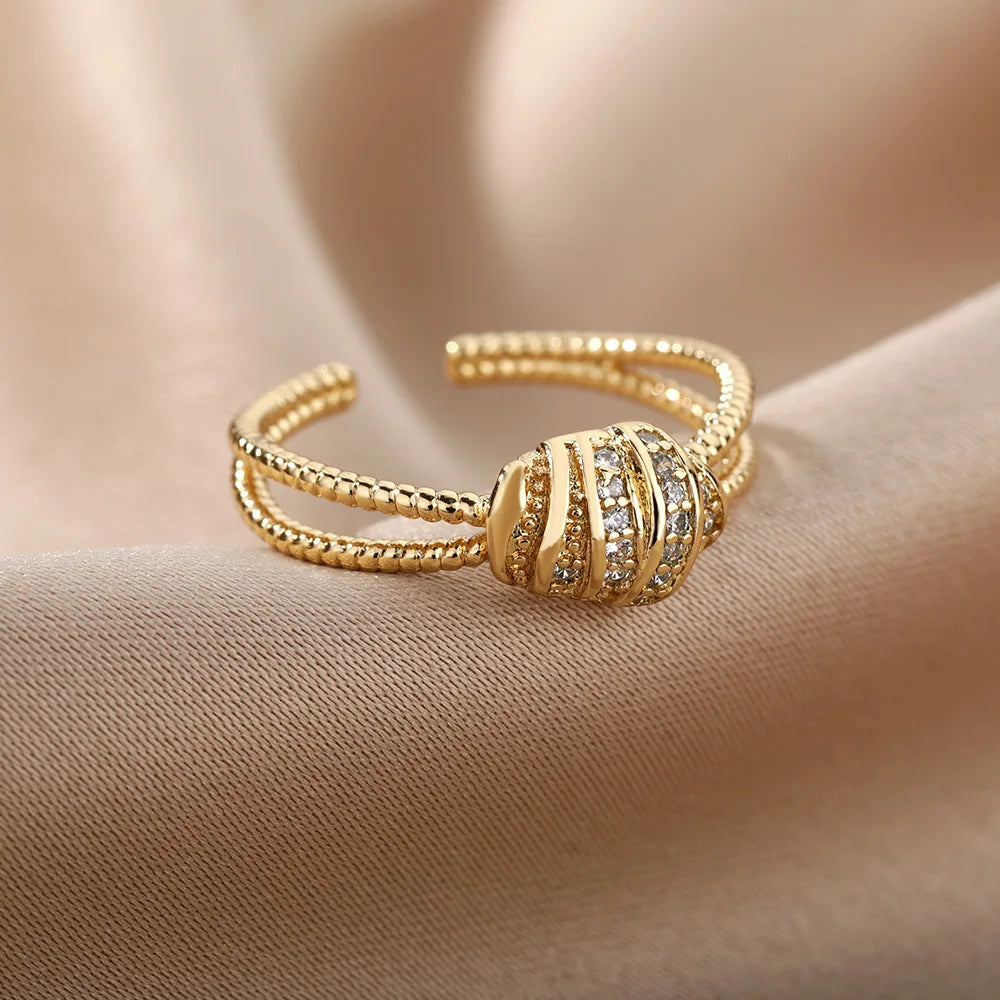 Zirkon-Ketten-Kreuzringe für Damen Vintage Goldfarbe Edelstahl Geometrischer offener Ring Mode Hochzeit Ästhetischer Schmuck Geschenk