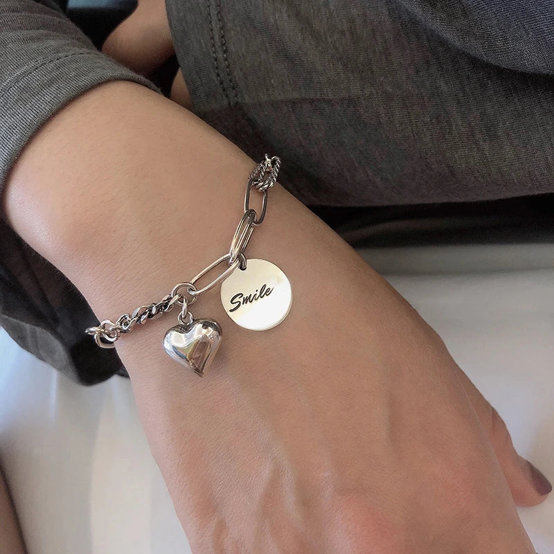 Sterling Silver plated Thai Silver Bracelet for Women Vintage Geometric Heart Love Lucky Punk Jewelry 2023 New Dropship