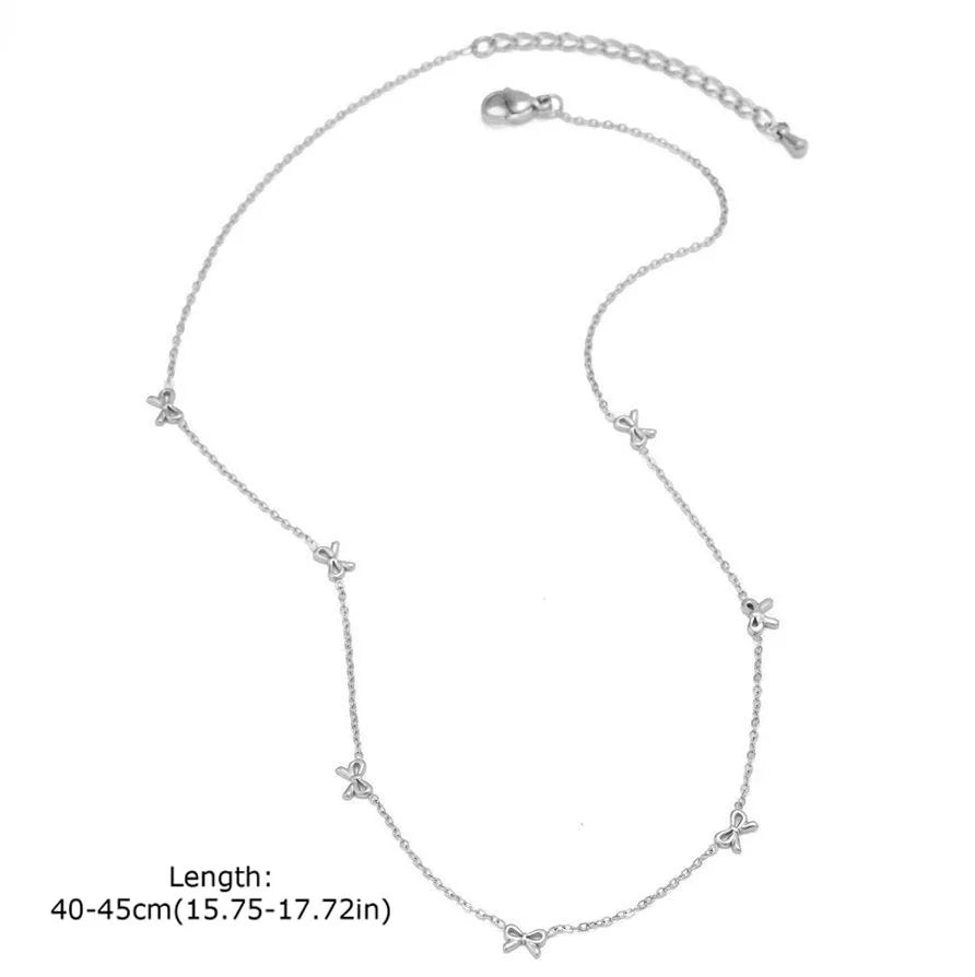 Charms Bow Necklace For Women, Bowknot Chain Choker Necklace, Stainless Steel Thin Link Exquisite Party Jewelry