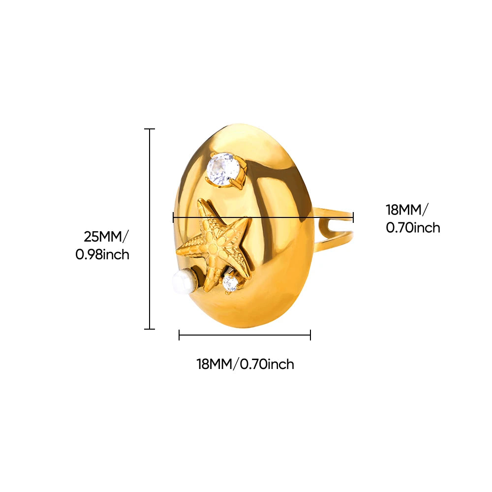 2025 Anillos de agua dulce de acero inoxidable con perlas, estrellas de mar y conchas para mujer, de color dorado, estilo punk vintage, joyería impermeable para la playa
