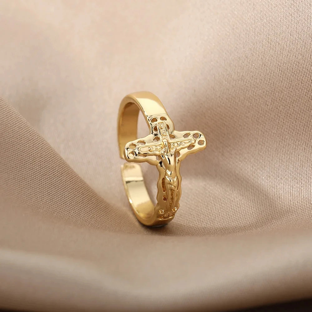 Vintage Jesus Kreuzringe für Damen Herren Goldfarbe Edelstahl Jesus Kreuz Verstellbarer Ring Religiöser Party Schmuck Geschenk