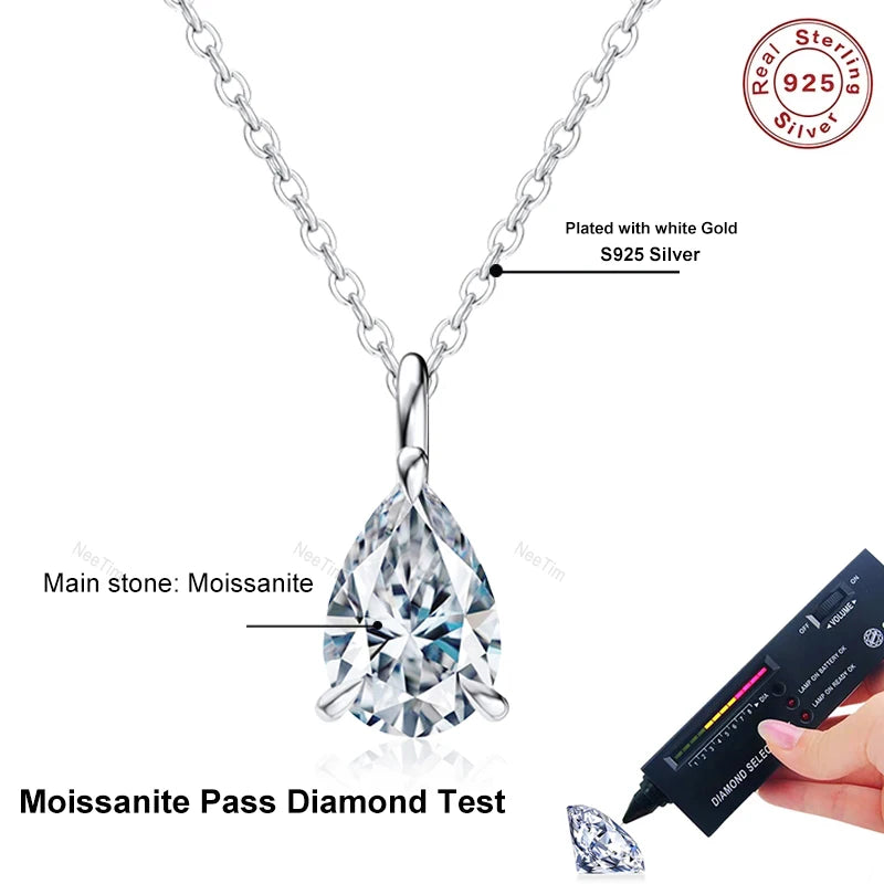 NeeTim Colgante de moissanita con forma de gota de agua de 1 ct y 2 ct, collar de plata S925, diamante de laboratorio con corte de pera, cadena para mujer con certificado