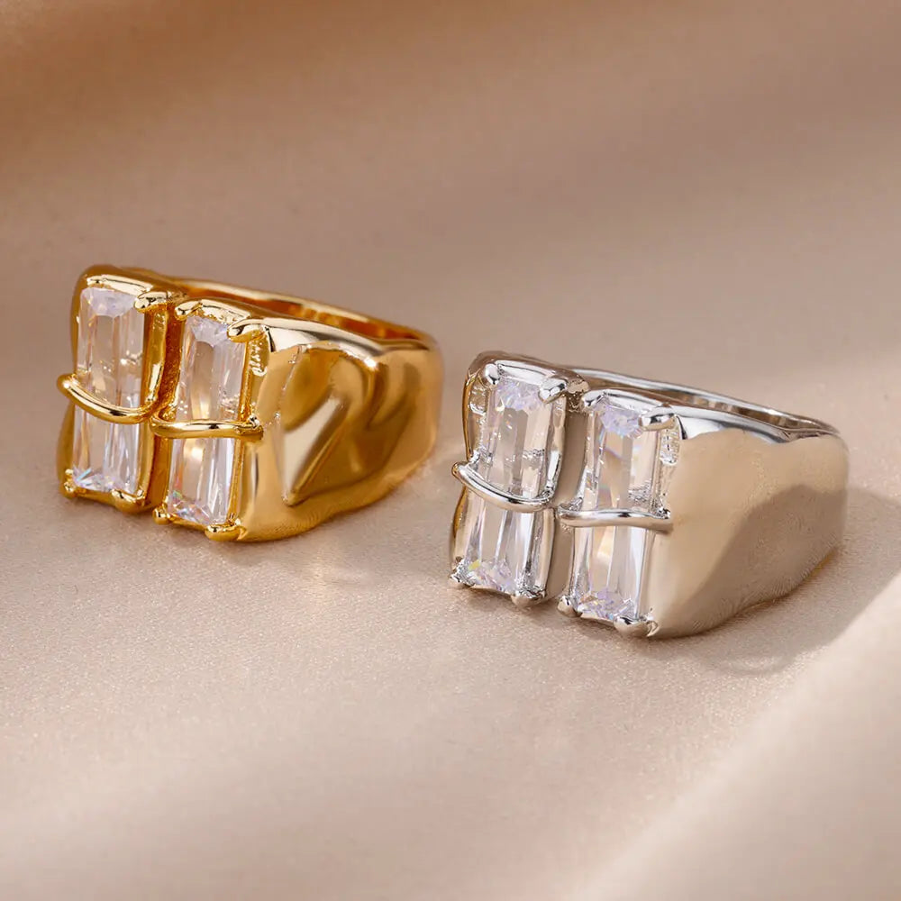 Geometrischer Zirkon-Offenring für Damen Edelstahl Luxus-Strass-Kristallring 2023 Neuer Hochzeitsschmuck Anillos