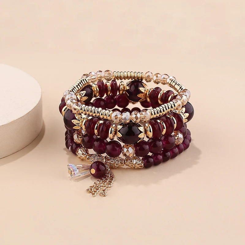 4 Stück neue Quasten-Charm-Perlen-Armband-Set für Frauen Bunt Glasperlenkette Armreif Weiblicher böhmischer Schmuck