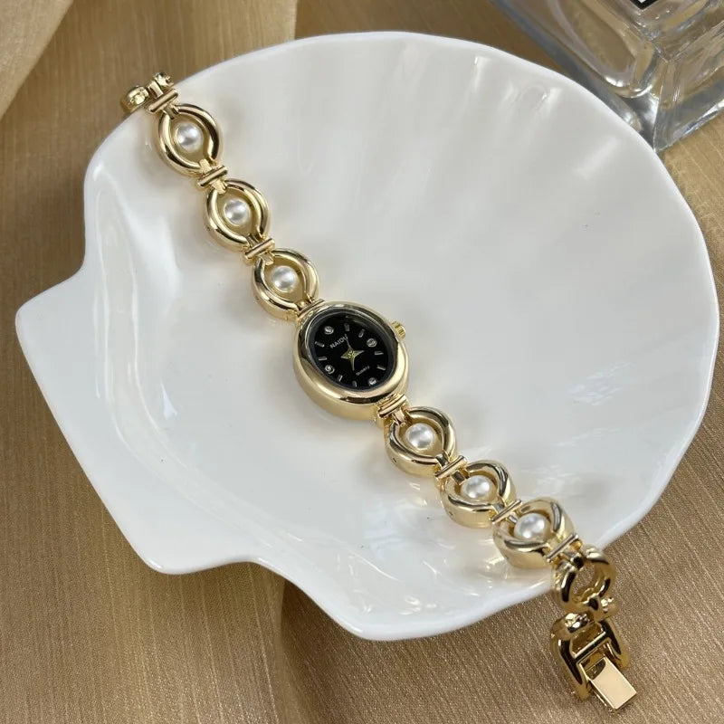Luxuriöse Perlenarmbanduhr Mode Damenuhr Quarzuhren Marke Ovales Zifferblatt Kleideruhren Dropshipping Relojes Para Mujer