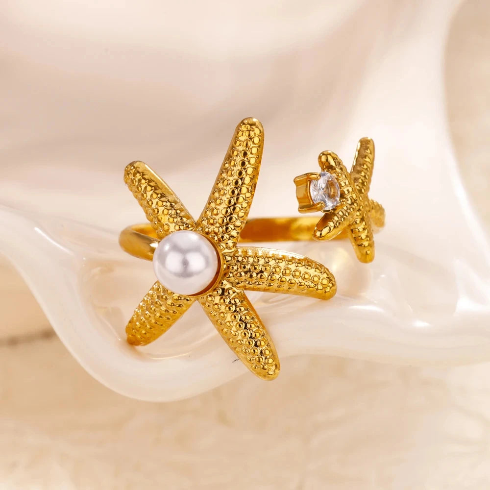 Ozean Seestern Muschel Offene Ringe Für Frauen Goldfarben Edelstahlring Sommer Strand Ästhetik Wasserdichter Schmuck Geschenk