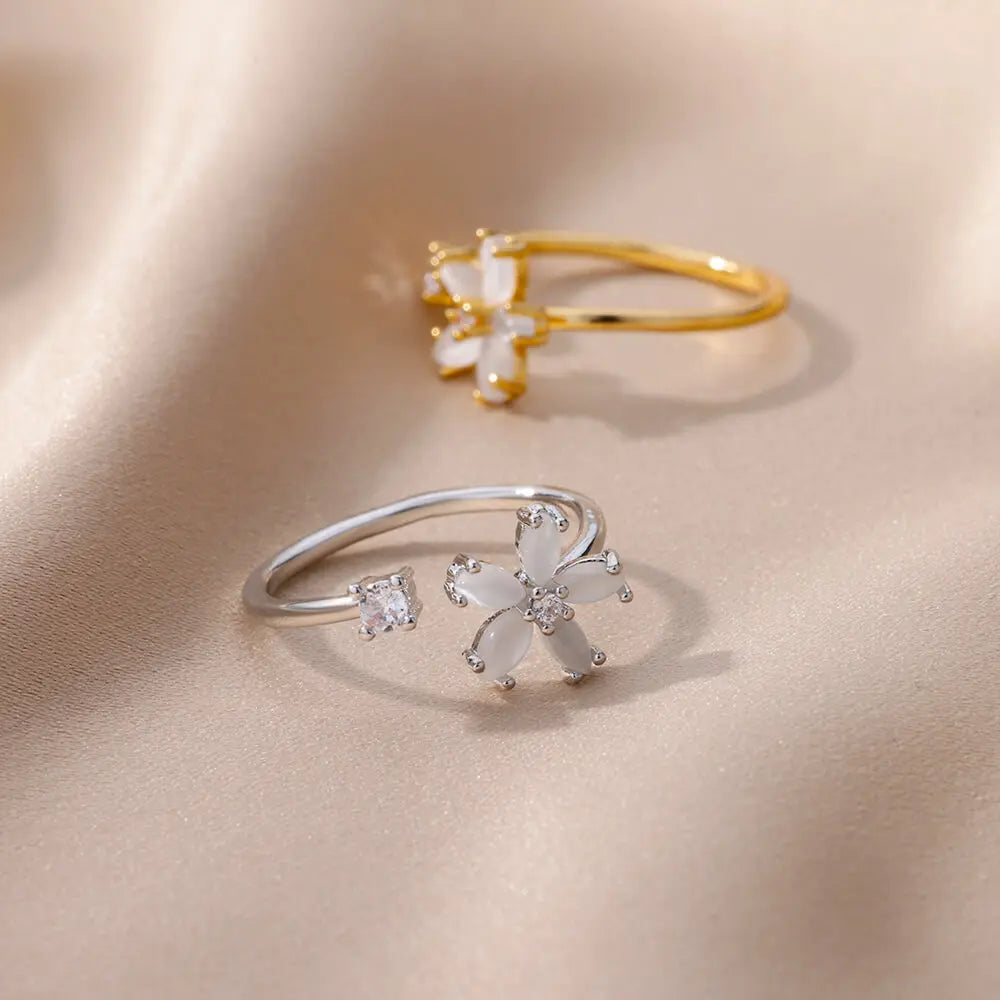 Anillos de flor de ópalo para mujer, circonita cúbica, anillo de acero inoxidable abierto, joyería estética floral de boda, anillos mujer