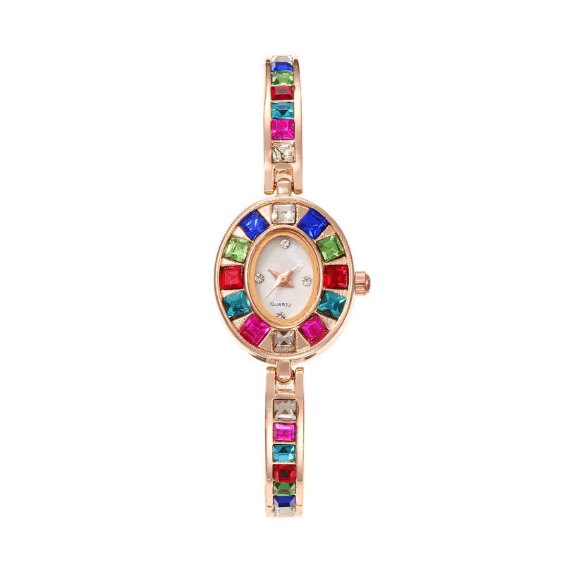 Dropshipping Damen-Quarzuhren Neue Mode-Regenbogen-Strass-Armband Ovale Zifferblatt-Armbanduhr Großhandel Armbanduhren Reloj
