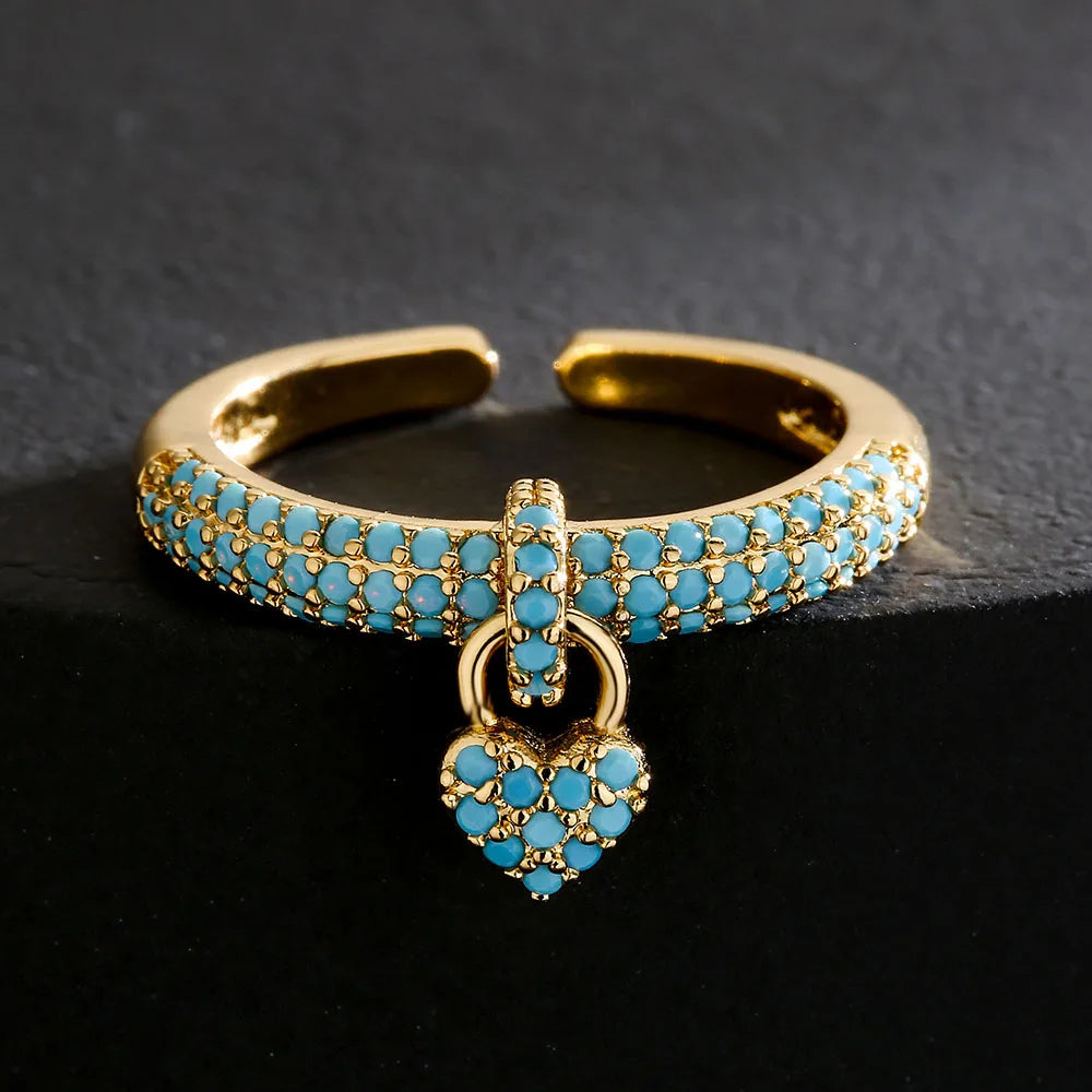 NEWBUY Fashion Bunte Zirkonia Pavé-Fassung Hochzeitsschmuck 2024 Trendiger Goldfarbener Herzanhänger Fingerring für Damen