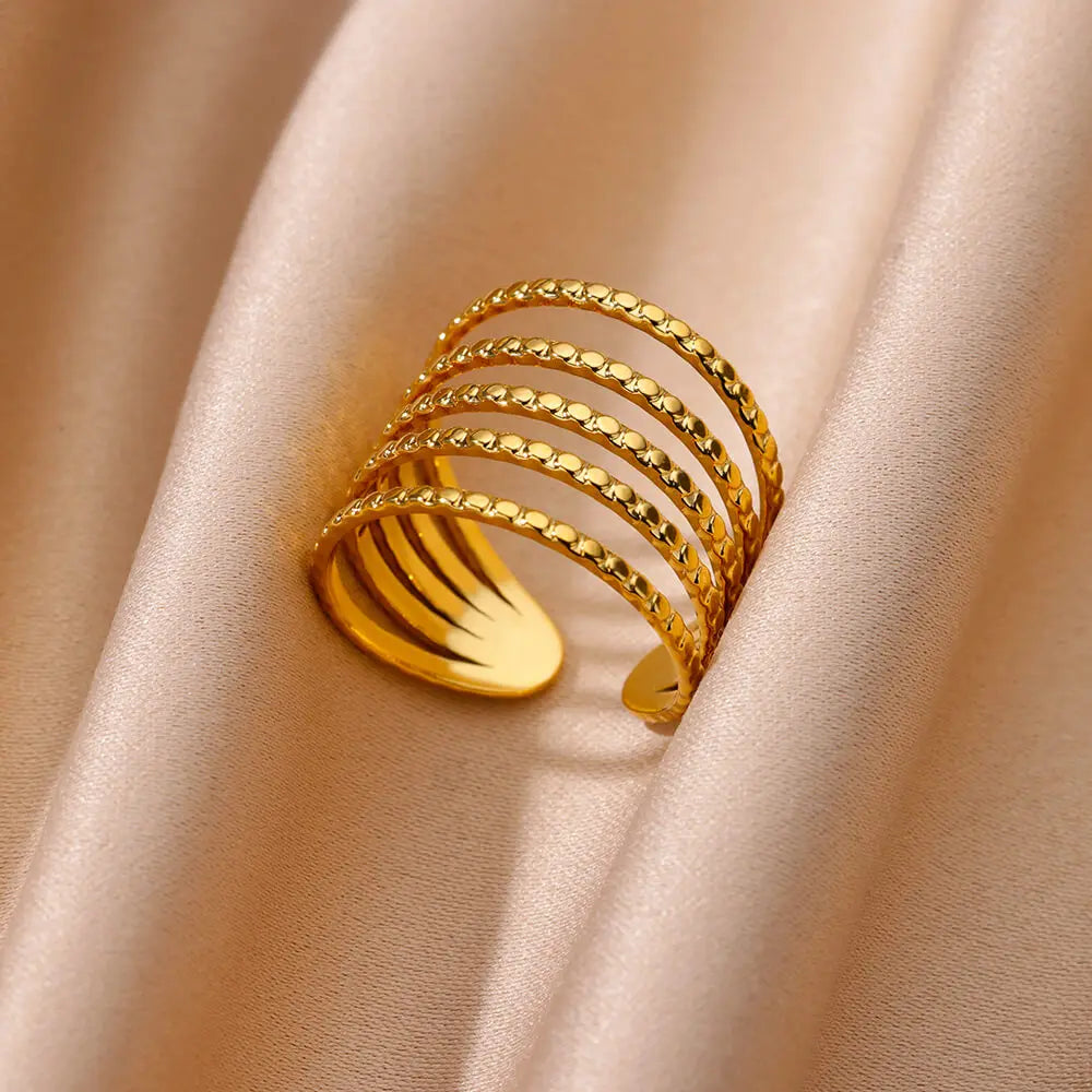 Goldfarbener Edelstahl Mehrschicht-Ringe für Damen, hohler offener Fingerring, Mode Hochzeitsfeier Schmuck Geschenk 2024 Neu