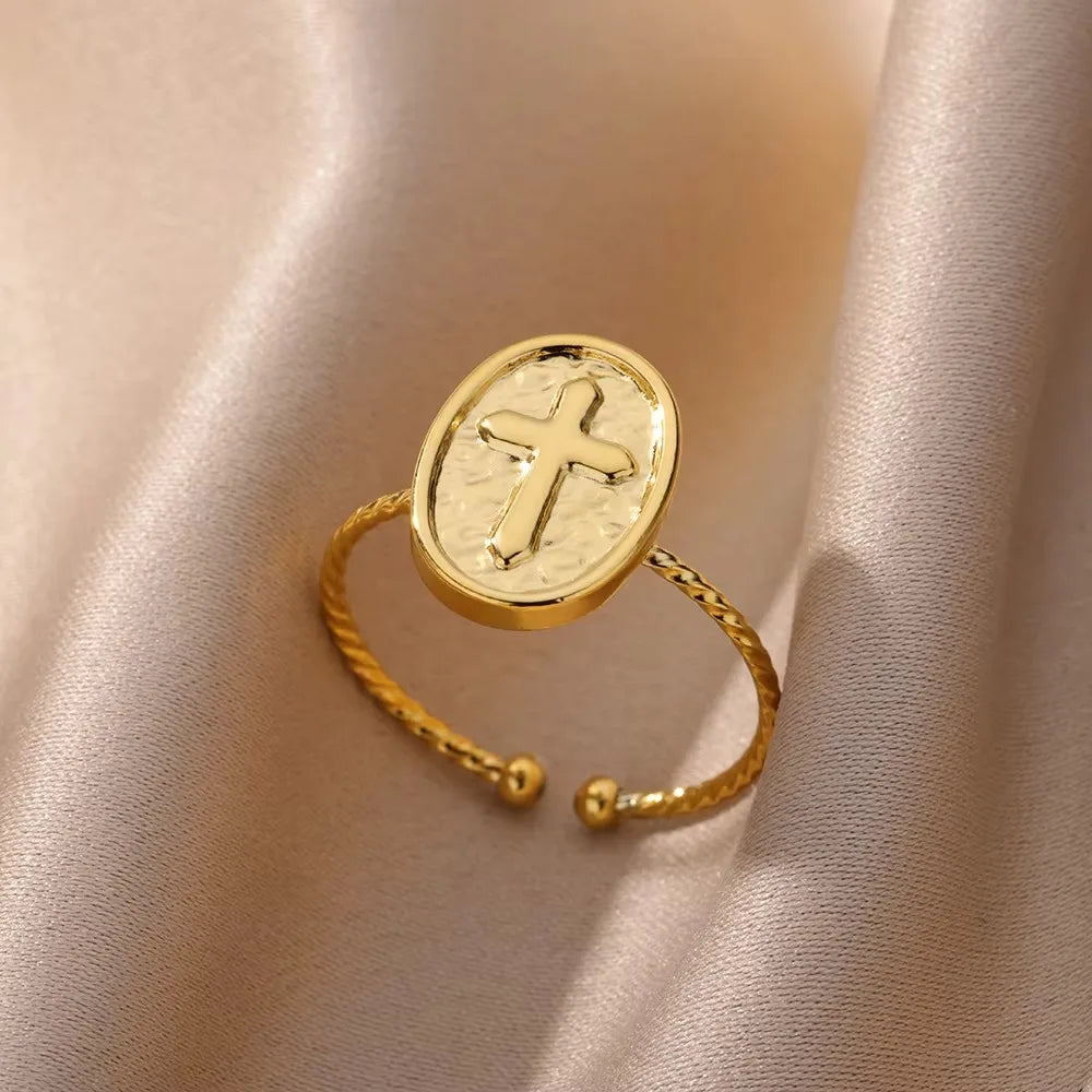 Edelstahl Kreuzringe für Frauen Vintage Gold Farbe Öffnung Kreuz Fingerring Party Hochzeit Schmuck Geschenk anillos mujer