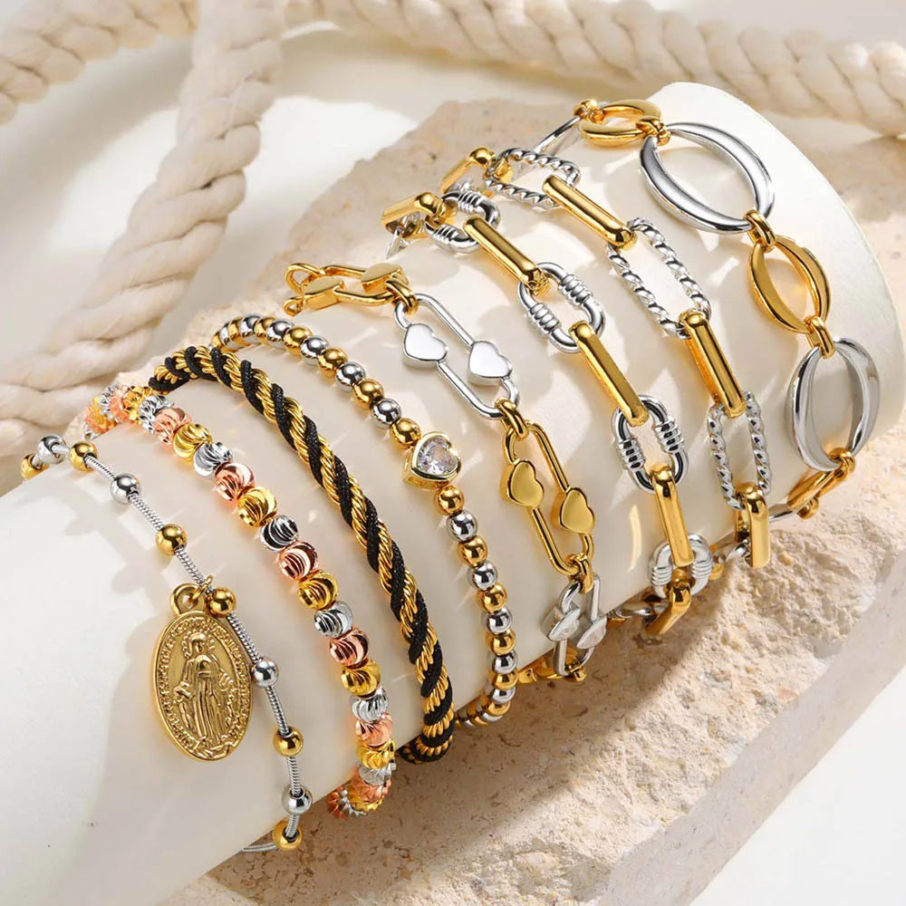Zweifarbige Kettenarmband für Damen, klobiges Glied aus Metallmix, wasserdichter Schmuck aus Edelstahl, stylisches verstellbares Armband