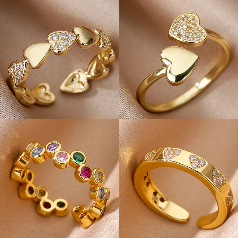Zirkon Geometrische Herzringe für Damen Edelstahl Goldfarbe Ehering Luxuriöser Ästhetischer Schmuck Paar Geschenk 2025