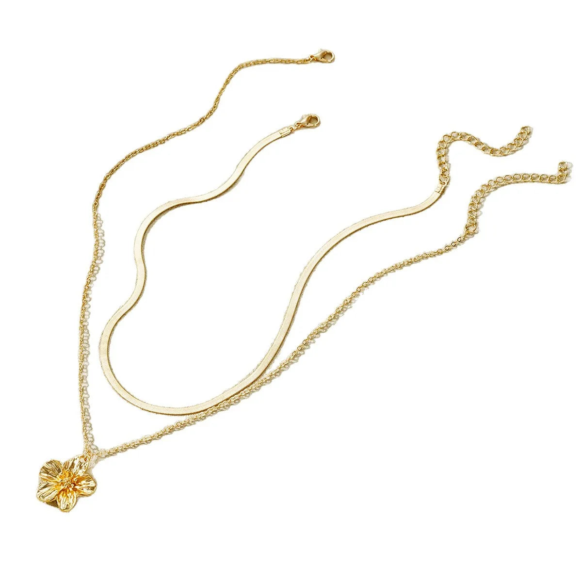 Collar de doble capa con colgante de flor dorada de acero inoxidable, cadena de serpiente plana, joyería de moda impermeable para mujer