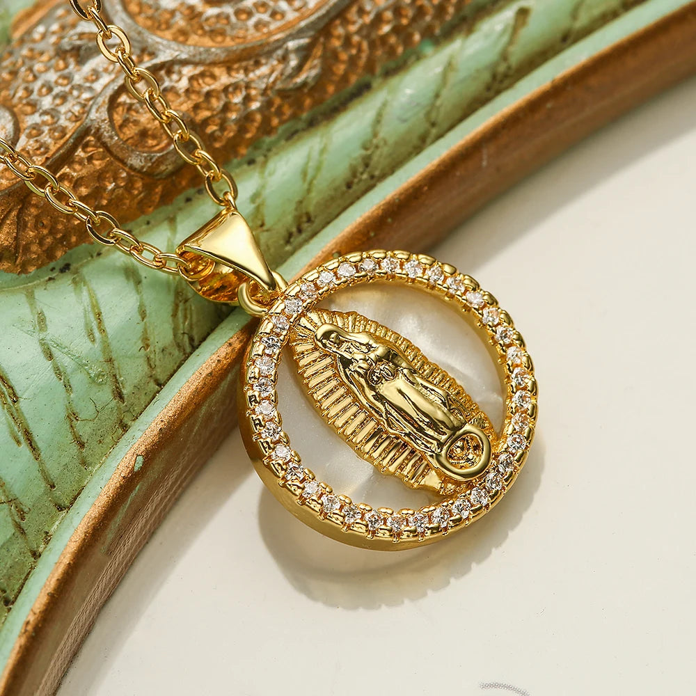 NEWBUY High Quality Women's Religious Jewelry Copper CZ Zircon Inlay Virgin Mary Pendant Stainless Steel Chain Necklace
