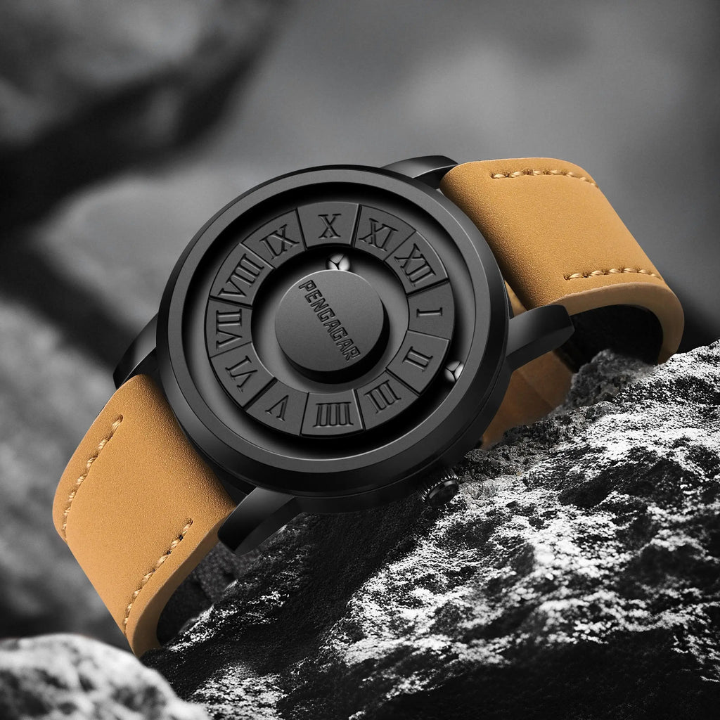 Relojes de hombre PENGAGAR, reloj de cuarzo de acero inoxidable, puntero de desplazamiento creativo, reloj de pulsera con fuerza magnética, Relogio Masculino + caja