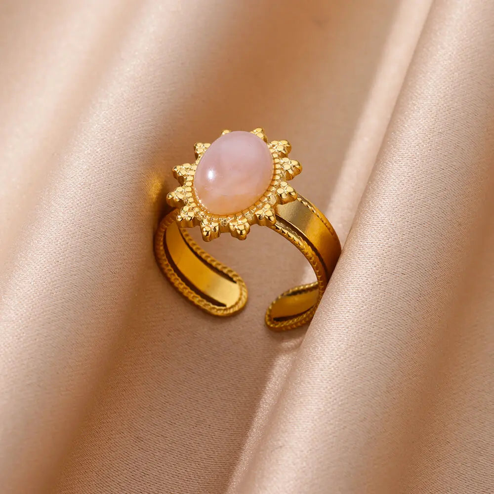 Edelstahl glatt doppelte Kugelperlenringe für Frauen Vintage Opal Natursteinring Mode Goldfarbe Ästhetischer Schmuck