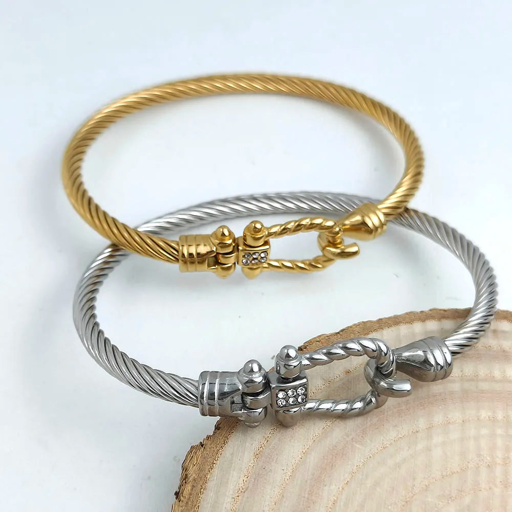 Neues Armband aus Stahldraht mit Knopfmuster, Hufeisen, vergoldet, Edelstahl, 18K, hochwertiges, wasserdichtes Paar-Armband, Frau