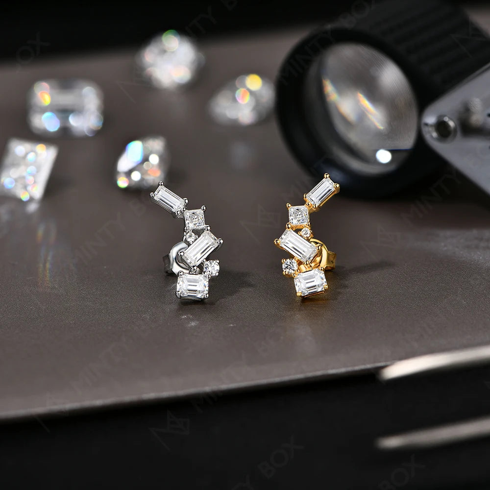 MINTYBOX Pendientes de Moissanita para Mujer Plata de Ley 925 Diamante de Laboratorio Talla Baguette Pendientes Irregulares Joyería de Compromiso
