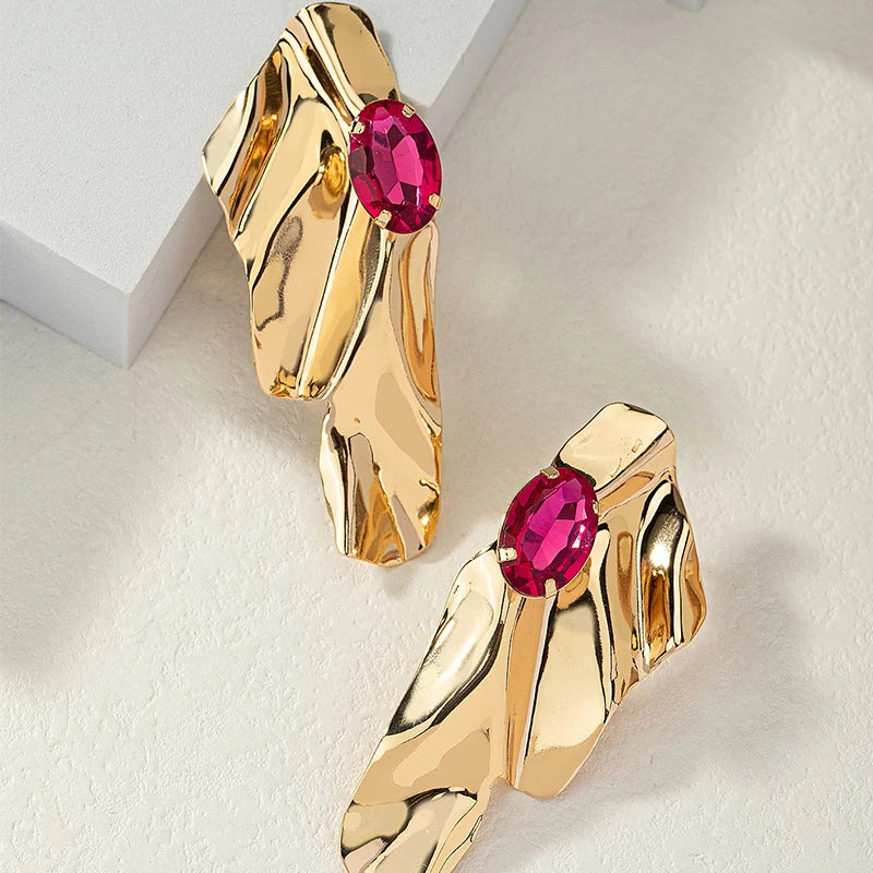 Obega geometrische fuchsiafarbene Steinohrringe, warmgoldfarben, blumenförmig, Damenohrstecker, Party, Strand, Schmuck für Mädchen