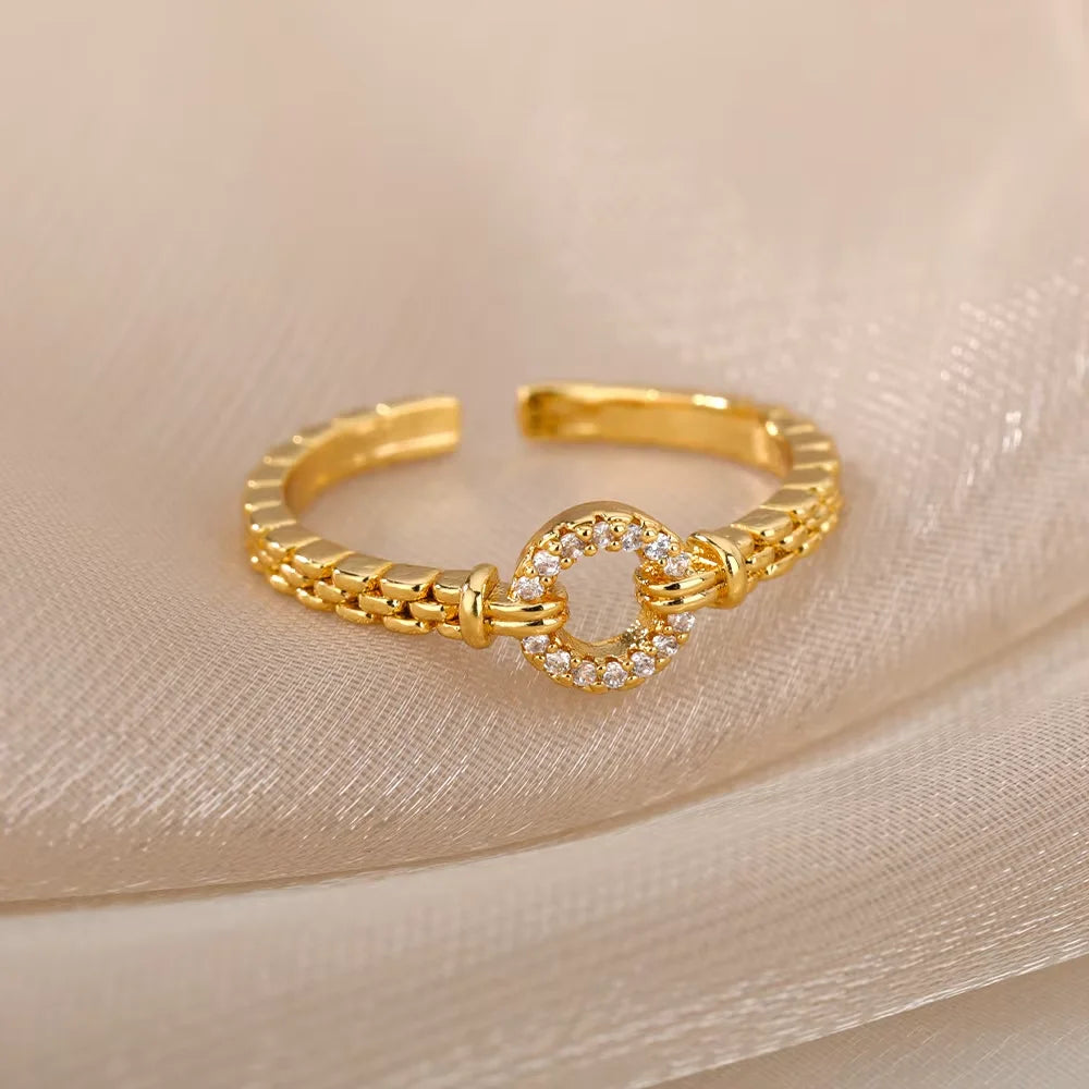 Ringe Goldfarbe Zirkonia Chic Ringe Für Frauen 2025 Punk Elegante Hochzeitsparty Ästhetischer Edelstahlring Schmuck