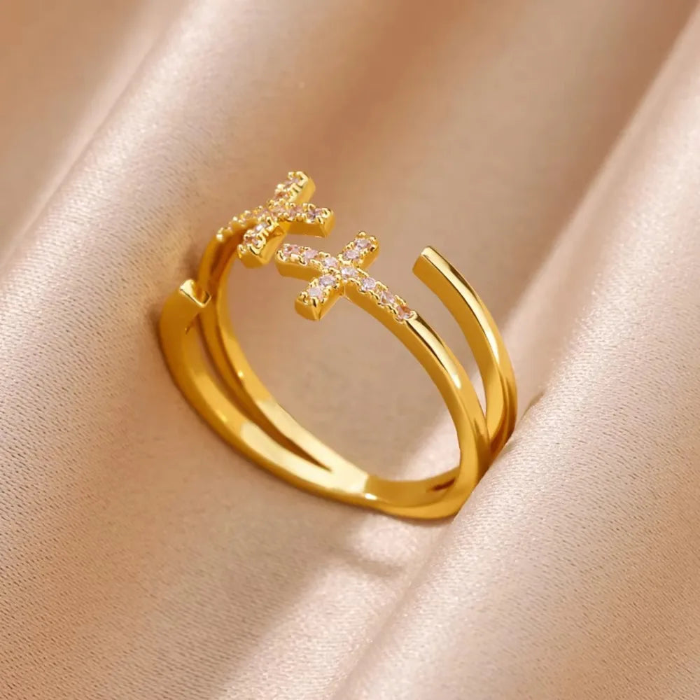 Edelstahl Kreuzringe für Frauen Vintage Gold Farbe Öffnung Kreuz Fingerring Party Hochzeit Schmuck Geschenk anillos mujer