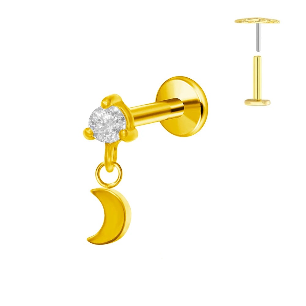 Pendiente de cartílago sin rosca con colgante de luna y estrella de titanio G23 para piercing labret con cono puntiagudo