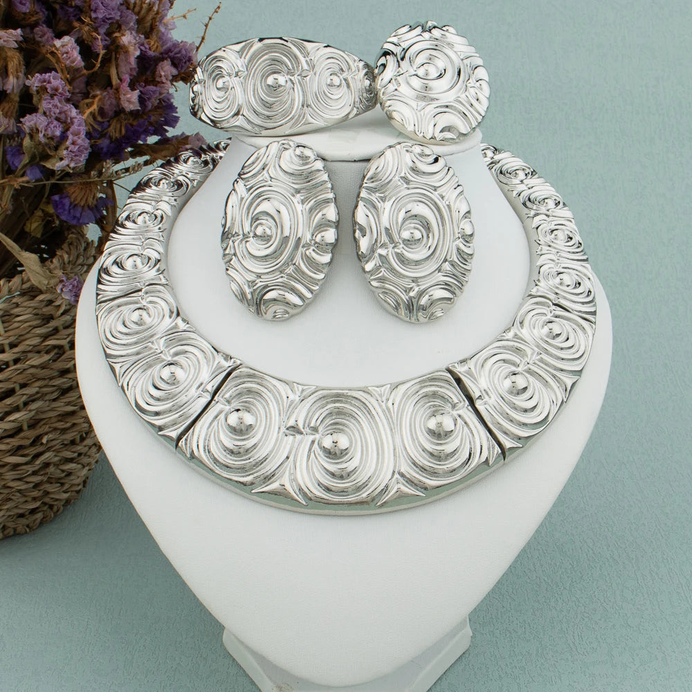 Dubai Großer Schmuckset für Frauen, Hochzeit Braut Halskette, vergoldet, mit Ohrringen, Armband und Ring, für Partygeschenk