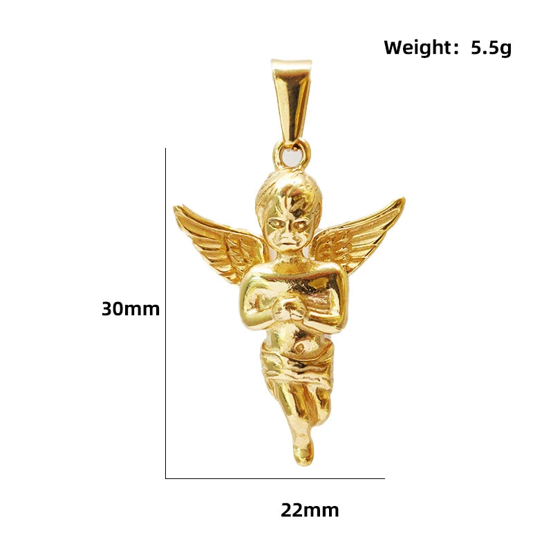 Collar con dije de ángel de Cupido religioso de acero inoxidable, bañado en oro de 18 quilates, con dije de ángel sólido en 3D, para hombre