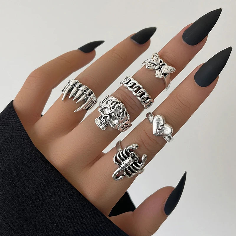 Anillo de elementos múltiples de metal estilo Punk vintage para mujer y hombre, anillos de dedo de calavera de serpiente mariposa de Color plata antigua, joyería gótica