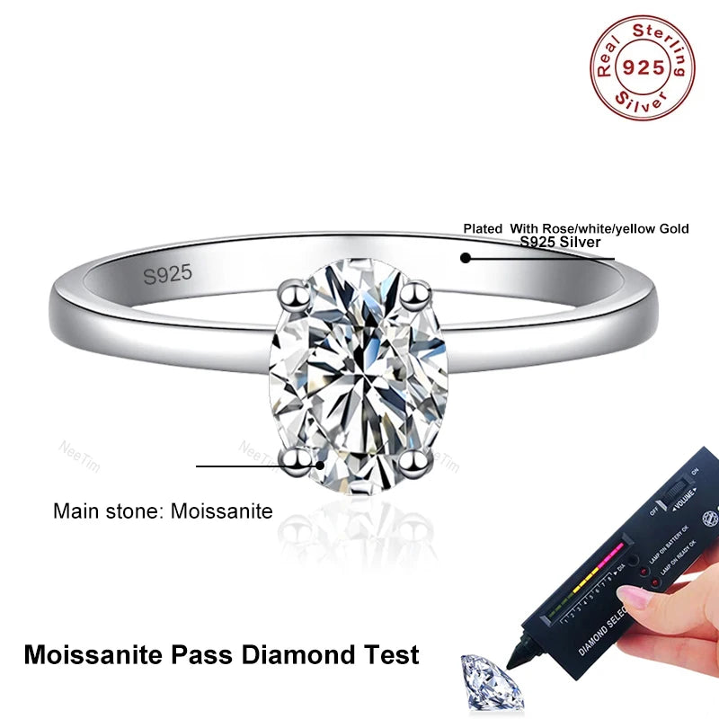 Anillo de moissanita NeeTim de corte ovalado de 1 quilate para mujer, compromiso, boda, diamante de laboratorio, plata de ley 925 con anillos chapados en oro, joyería