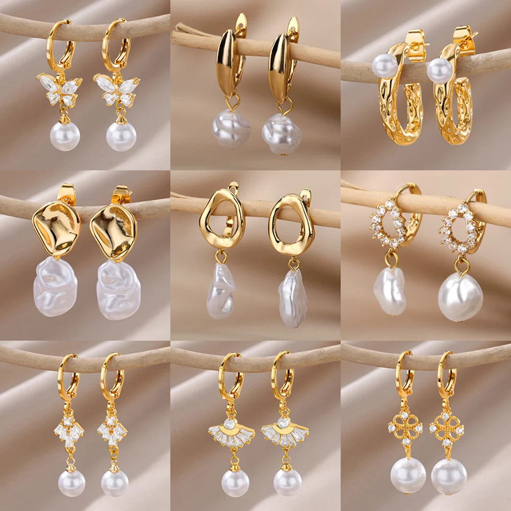 Pendientes colgantes de perlas de imitación Fashion Circle para mujer, de color dorado, de acero inoxidable, redondos, geométricos, de aro, joyas para boda