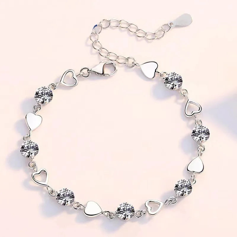 925 Sterling Silber Herzförmige Halskette Armband Set für Frauen Vintage Koreanische Kristall Armbänder Hochwertiges Set Party Schmuck