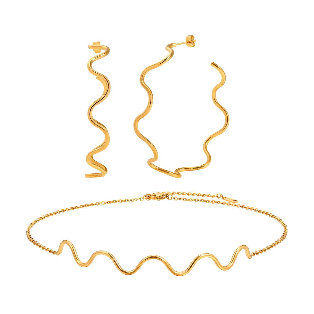 Offene Creolen für Damen, minimalistische 18K vergoldete große Ohrringe Wellenform Big Hoops, Edelstahlschmuck