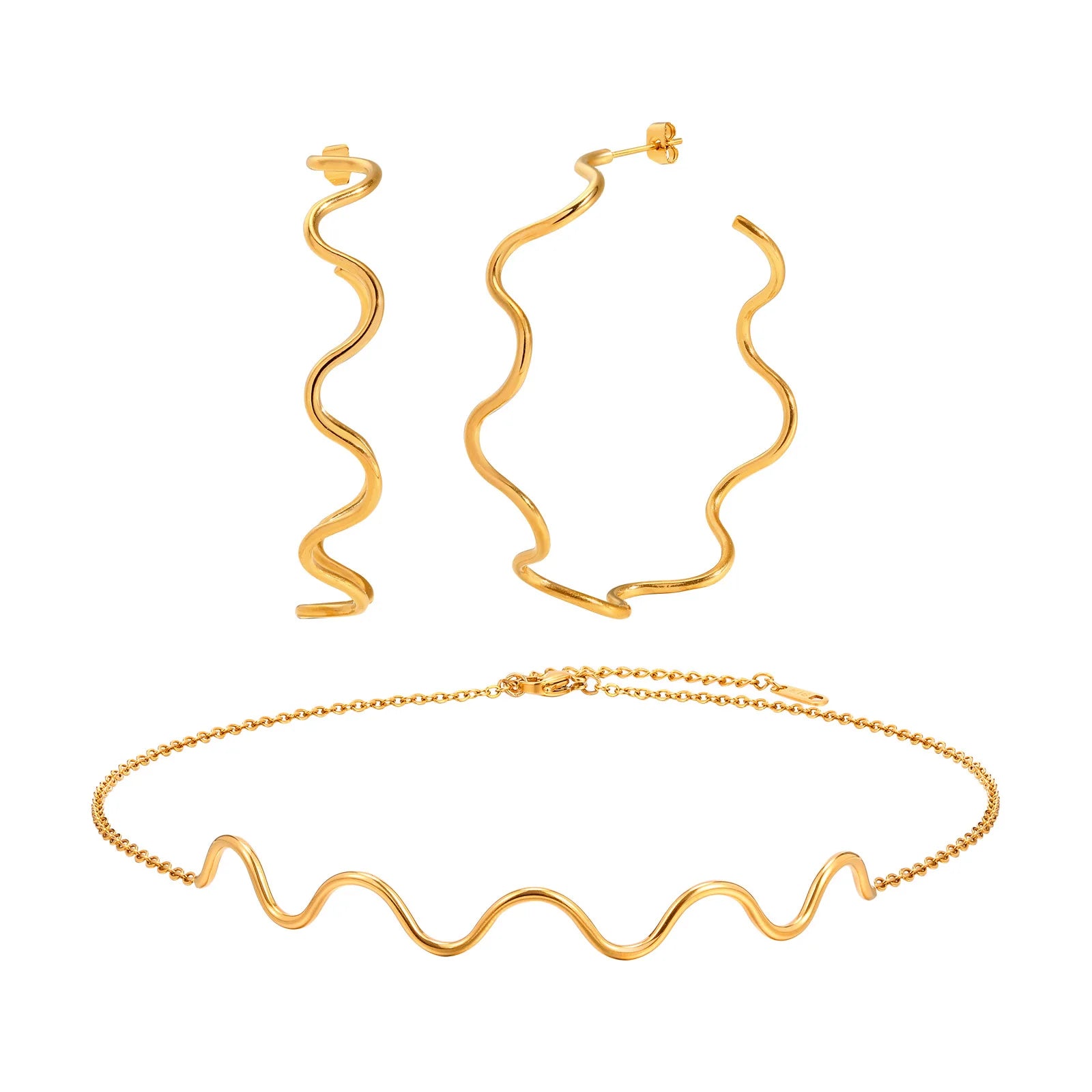 Offene Creolen für Damen, minimalistische 18K vergoldete große Ohrringe Wellenform Big Hoops, Edelstahlschmuck