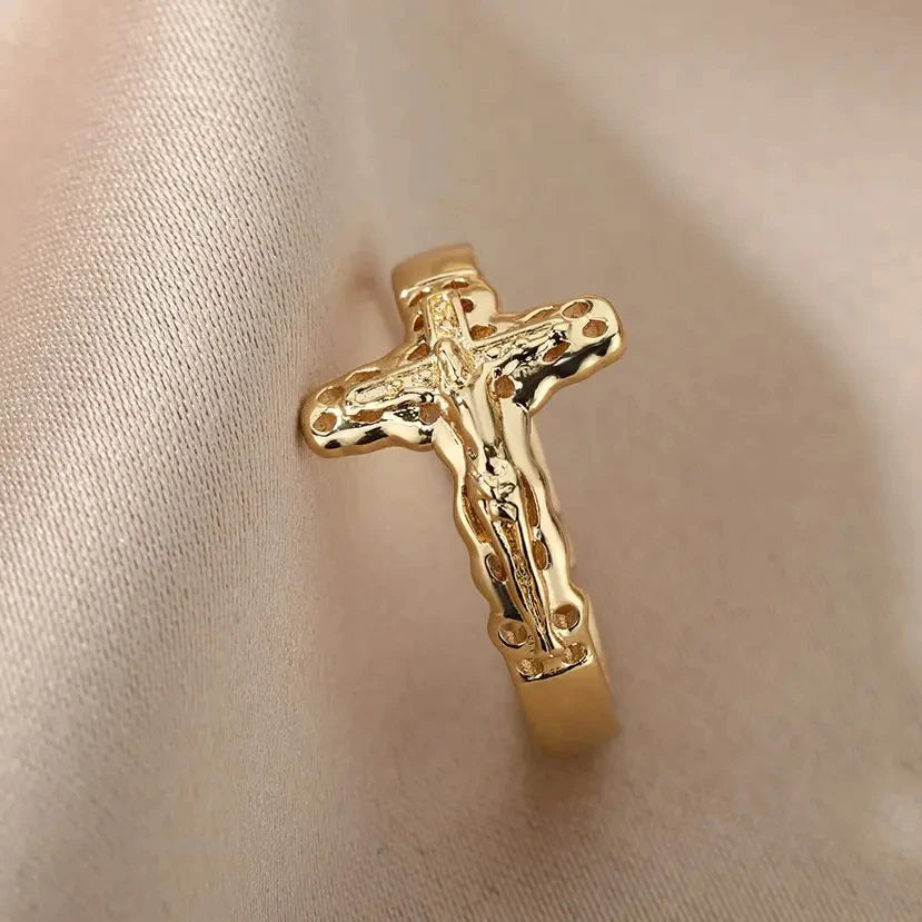 Vintage Jesus Kreuzringe für Damen Herren Goldfarbe Edelstahl Jesus Kreuz Verstellbarer Ring Religiöser Party Schmuck Geschenk