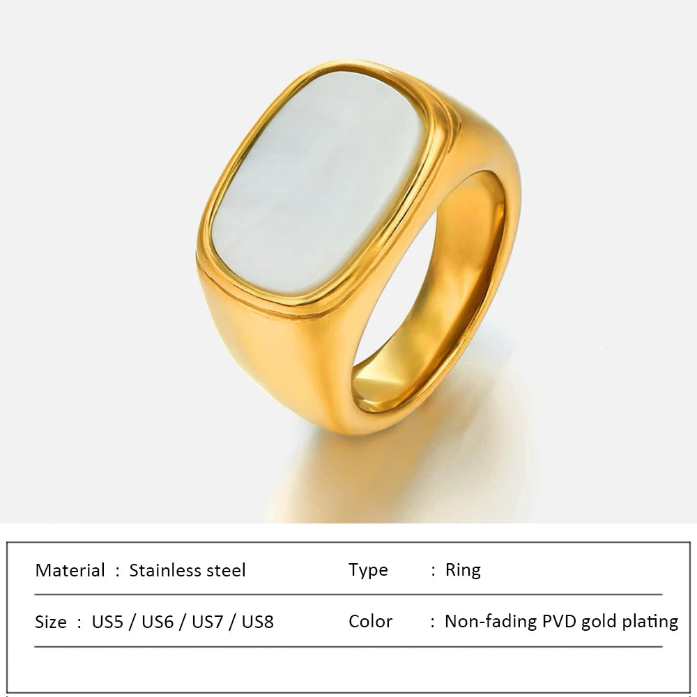 SUNIBI Anillo Cuadrado Vintage de Concha para Mujer, de Acero Inoxidable Color Oro Blanco, Anillo Grueso Grande, Accesorios de Joyería para Fiesta, Regalo de Cena