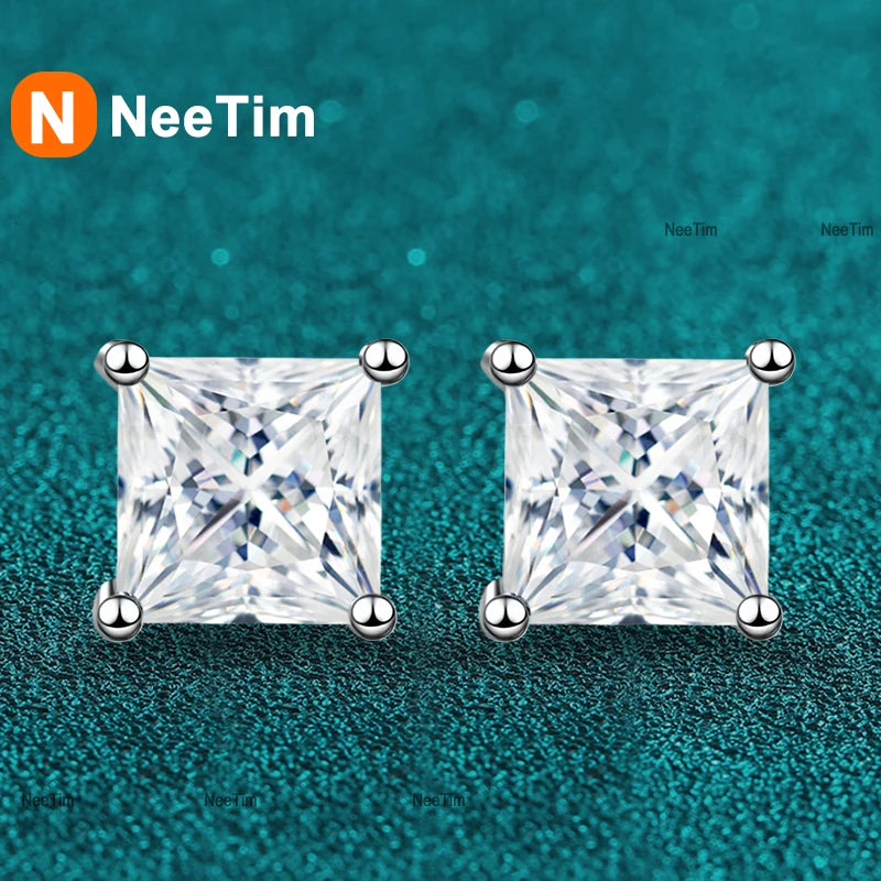 NeeTim 1ct 2ct Prinzessin-Schliff Moissanite Ohrringe s925 Sterling Silber vergoldet mit Weißgold Ohrstecker für Frauen Schmuck