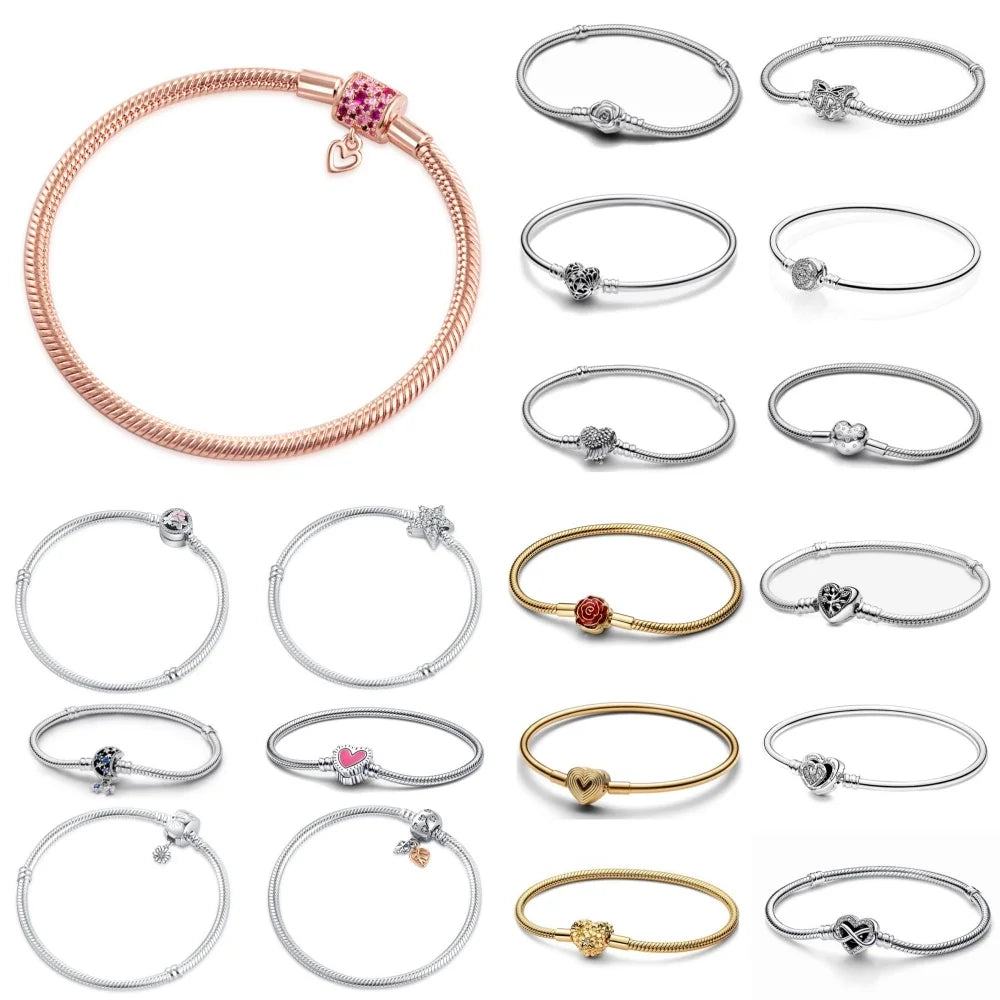 925 Sterling Silber Armbänder Herz Pavé Rot Blume Stern Clip Schlangenkettenarmband Liebe Armreifen DIY Feiner Schmuck