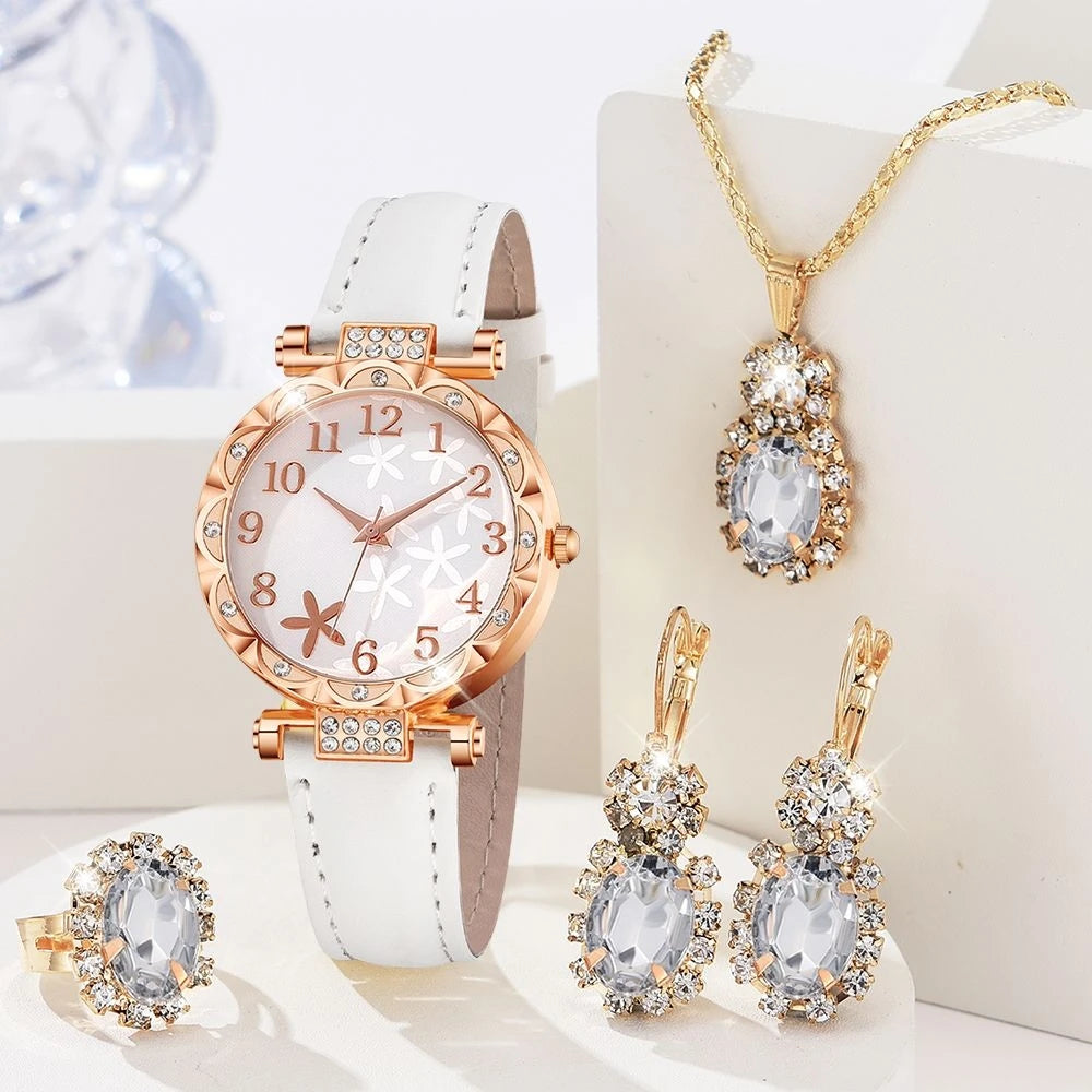 Damen Uhren 5-teiliges Set Luxus Strass Damen Mode Elegante Armbanduhr Quarzuhr für Mädchen Armbanduhr Armband Geschenk