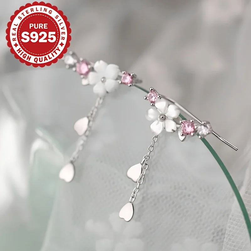 S925 Sterling Silber Sakura Quasten-Ohrringe, süß, elegant, koreanischer Stil, vielseitig, klassischer Anhänger-Ohrring, allergikerfreundlich