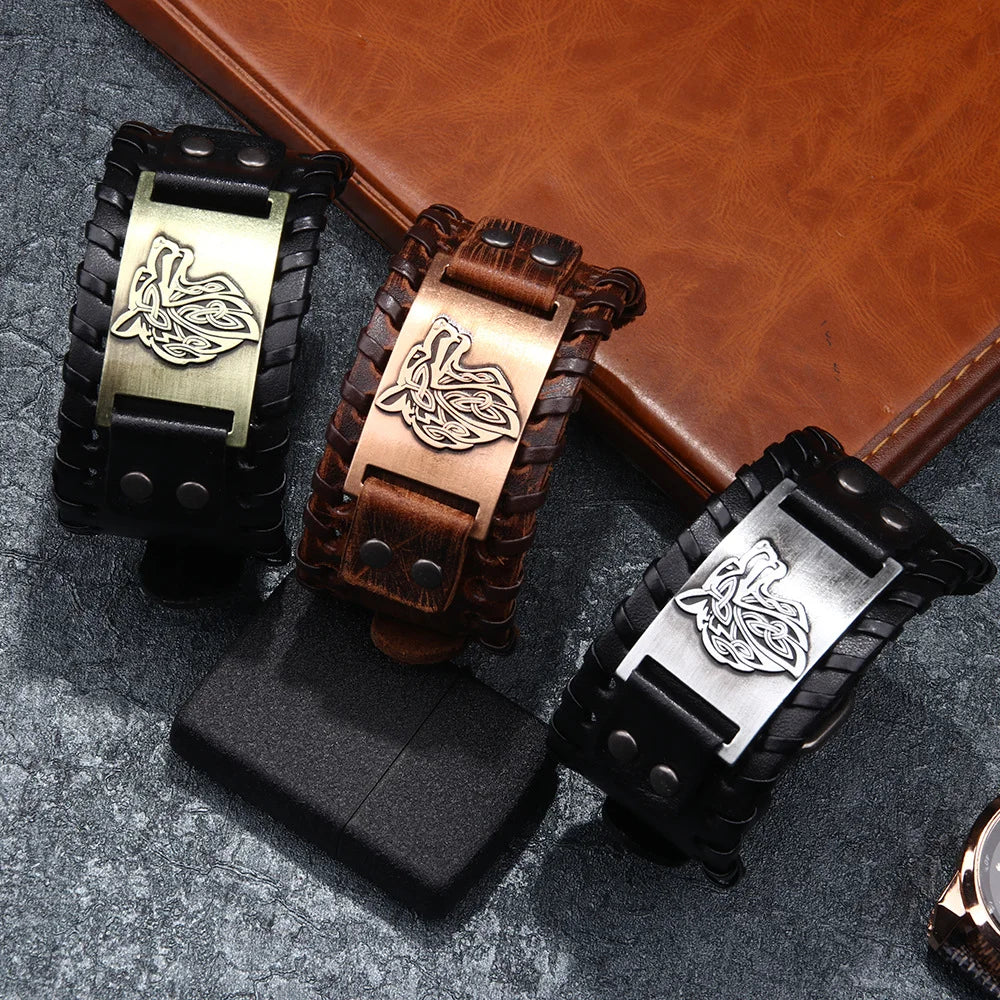 Herren Stilvolles Wikinger-Armband Leder Kühnes Wolfsmotiv Metallverzierung Armreif Punk Rock Partys Schmuck Einzigartiges Geschenk
