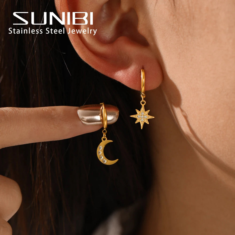 SUNIBI Pendientes colgantes de acero inoxidable para mujer, niña, estrella, luna, pendientes, joyería de boda, regalo de fiesta al por mayor