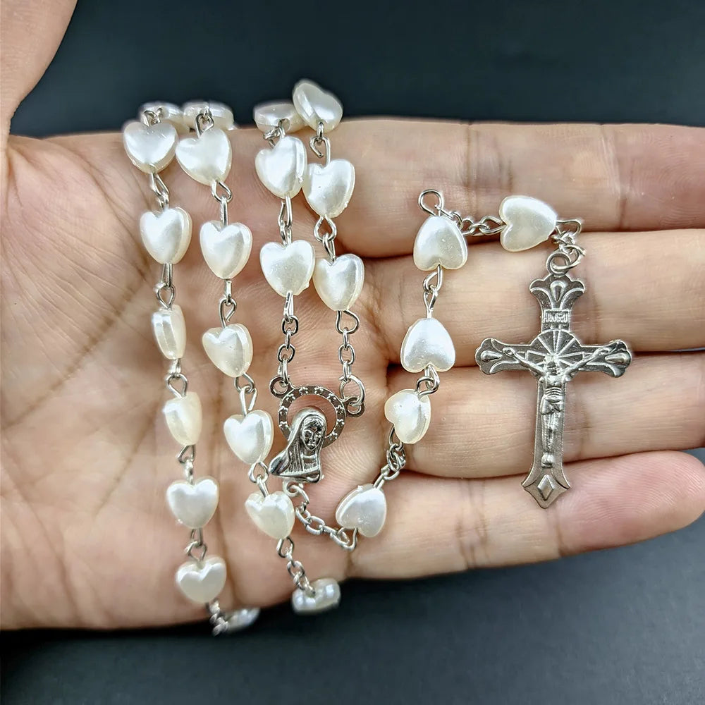 Rosenkranz-Halskette für Frauen, Kreuz INRI, Jungfrau Maria Anhänger, rosa Herz-Kette, weiblicher Religions-Gebets-Party-Schmuck