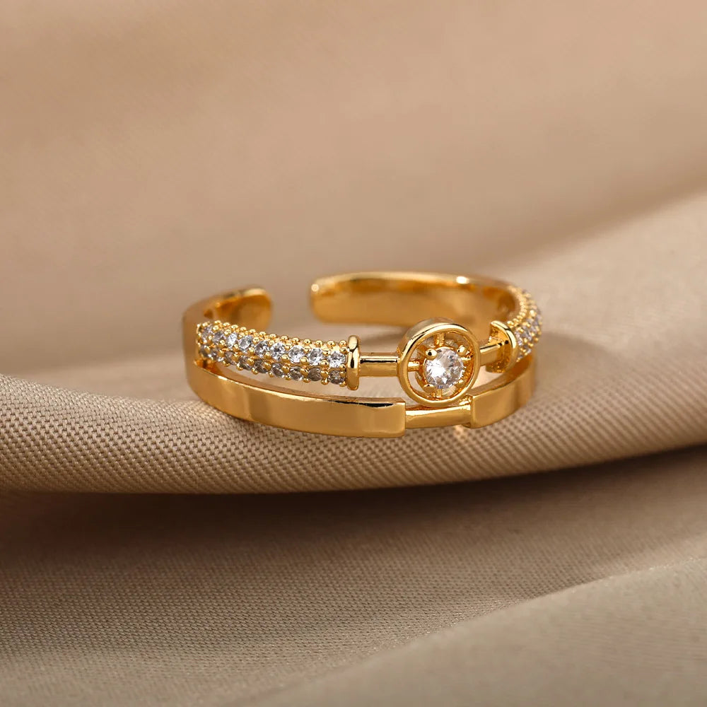 Zirkon-Ketten-Kreuzringe für Damen Vintage Goldfarbe Edelstahl Geometrischer offener Ring Mode Hochzeit Ästhetischer Schmuck Geschenk