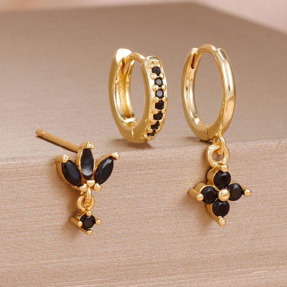 3 Paar modische orange-blaue Zirkon-Hängeohrringe für Damen, Edelstahl-Blumen-Baumelohrringe, Piercing-Schmuckset