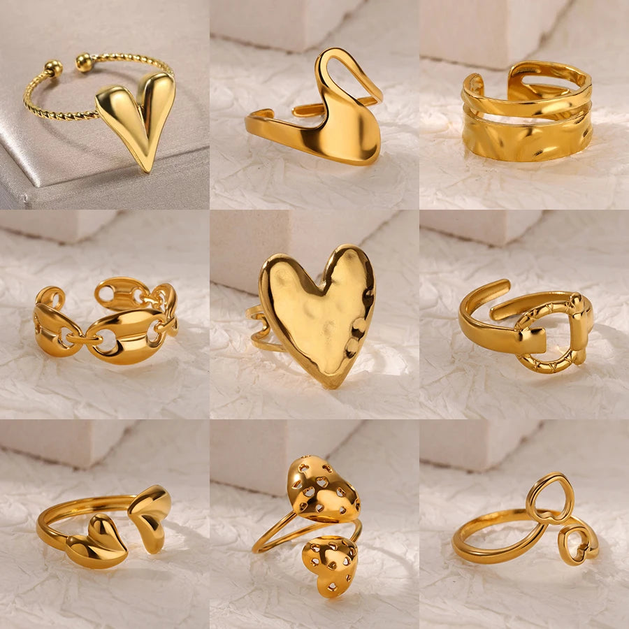 Anillos de doble corazón para mujer, color dorado, acero inoxidable, anillo abierto ajustable, joyería estética de moda para fiesta o boda, regalo