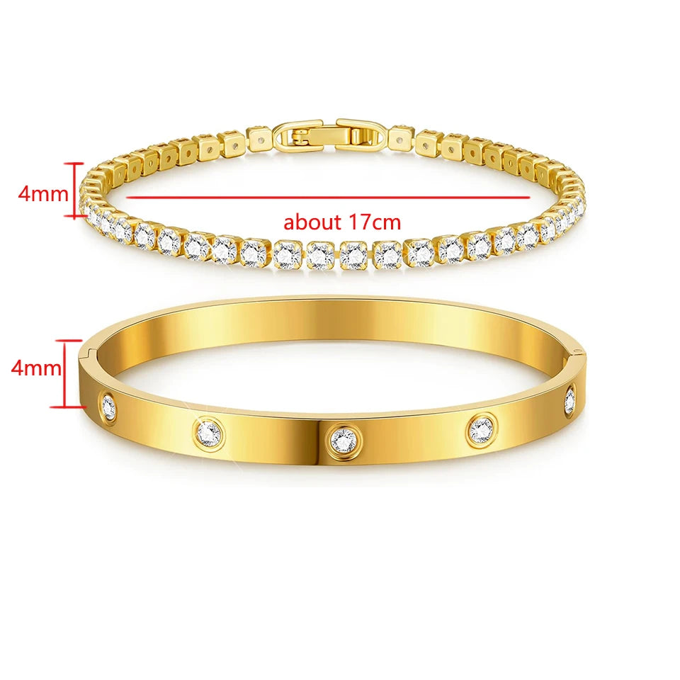 Yupsk 2 Pieces Stainless Steel Zirconia Tennis Bracelet Bangle Set Round Zircon CZ Aesthetic Women Jewelry Set Gift